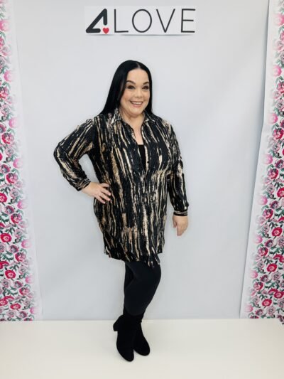 'L' Ribbed velvet feel black and gold shirt dress