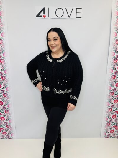 'L' Multi pearl detail chunky knit cardigan