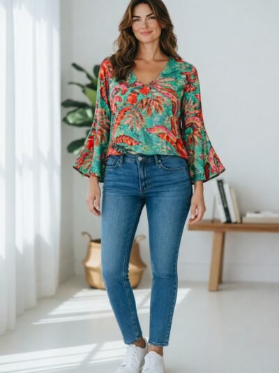 'L' V Neck Floaty Sleeve Printed Top